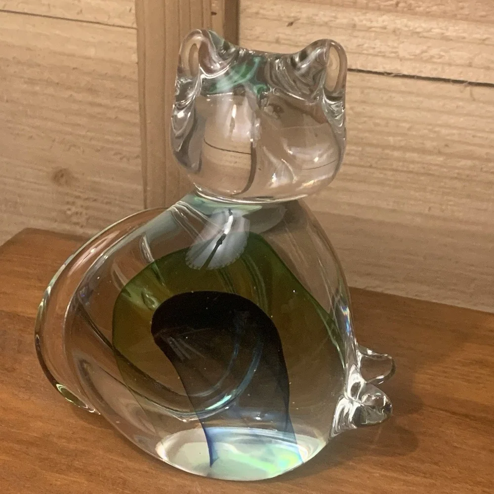 Pier‎ 1 Art Glass Cat Kitten Figurine w Clear Blue Green Hand-blown Paperweight